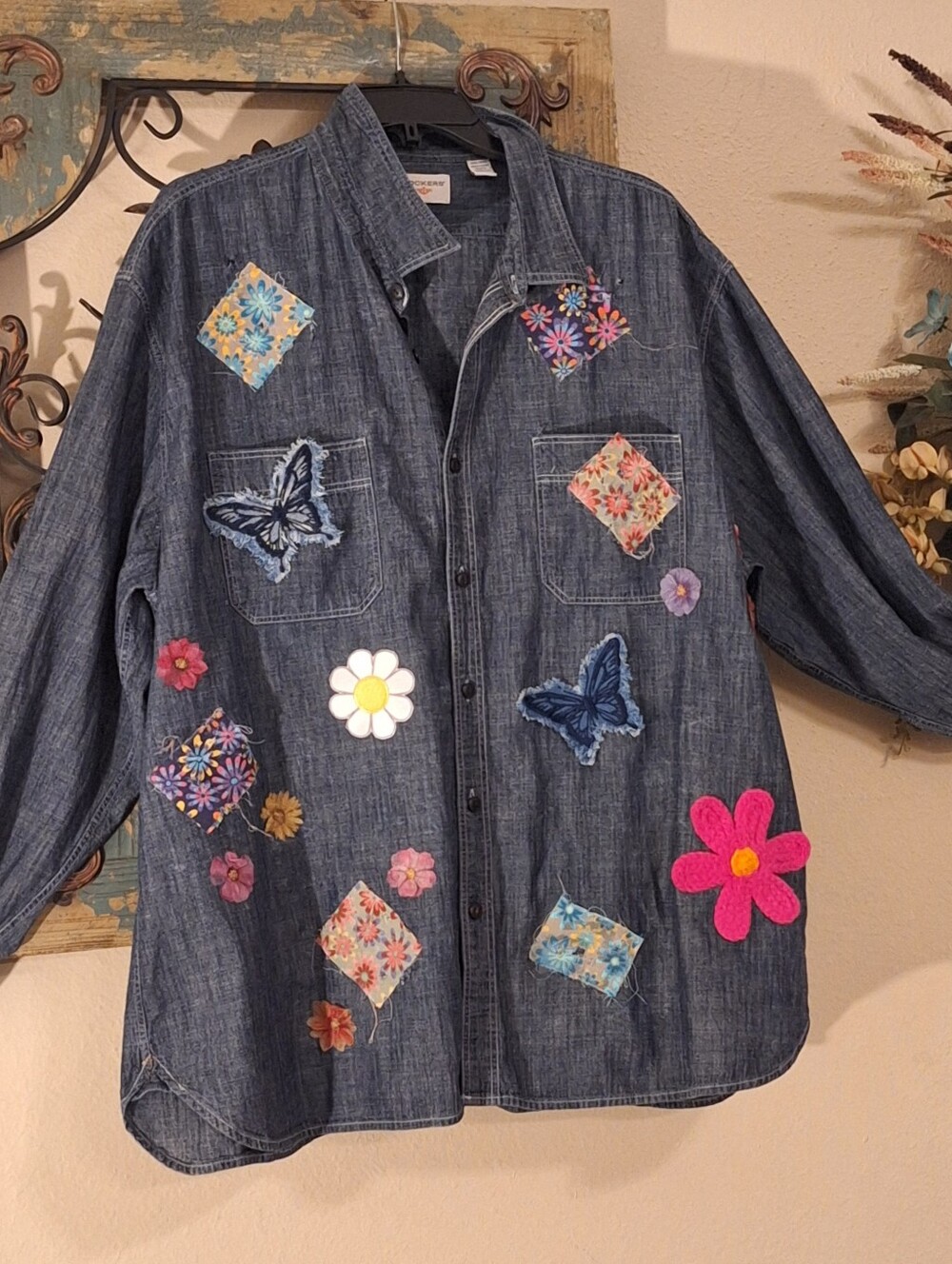Hand Made Dockers Denim Button-Down Shacket "BOHO  Flower Power. Size XXL